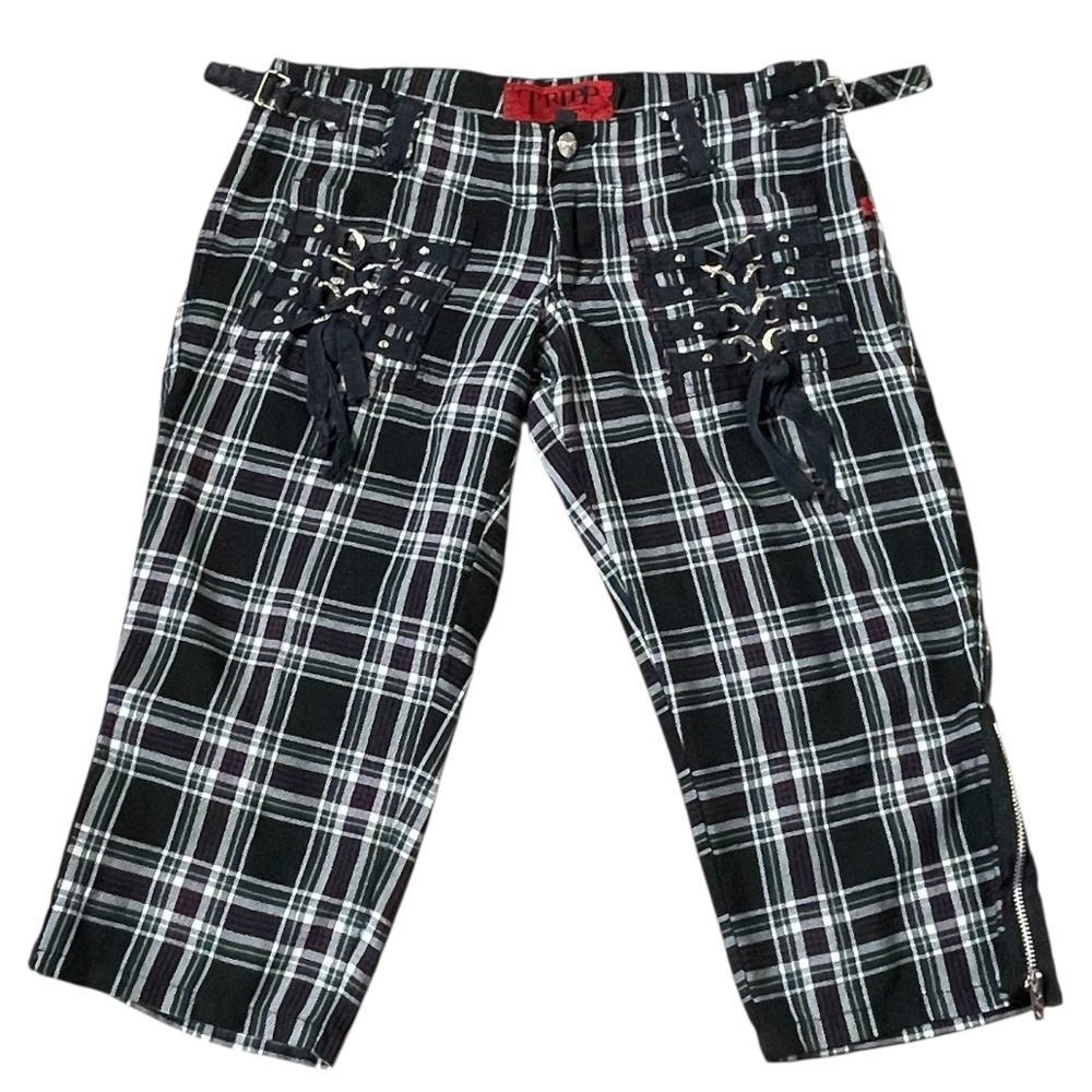 Vintage Tripp Plaid Capri Pants Lowrise Corset Lace-Up Mallgoth Lolita Y2k Emo 5